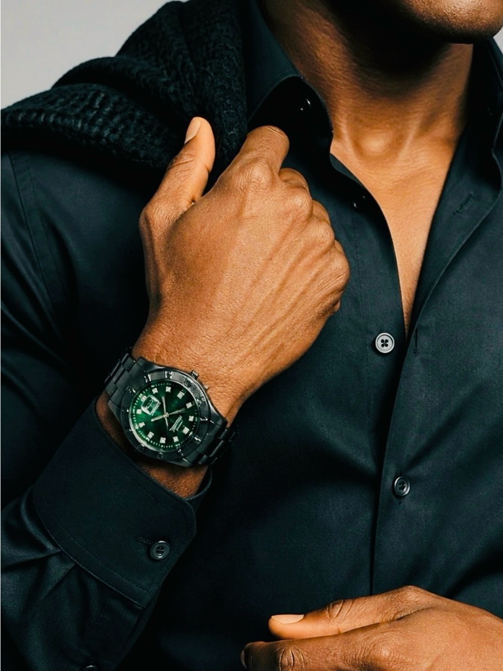Black Bracelet Watch with Emerald Sunburst Dial and Date